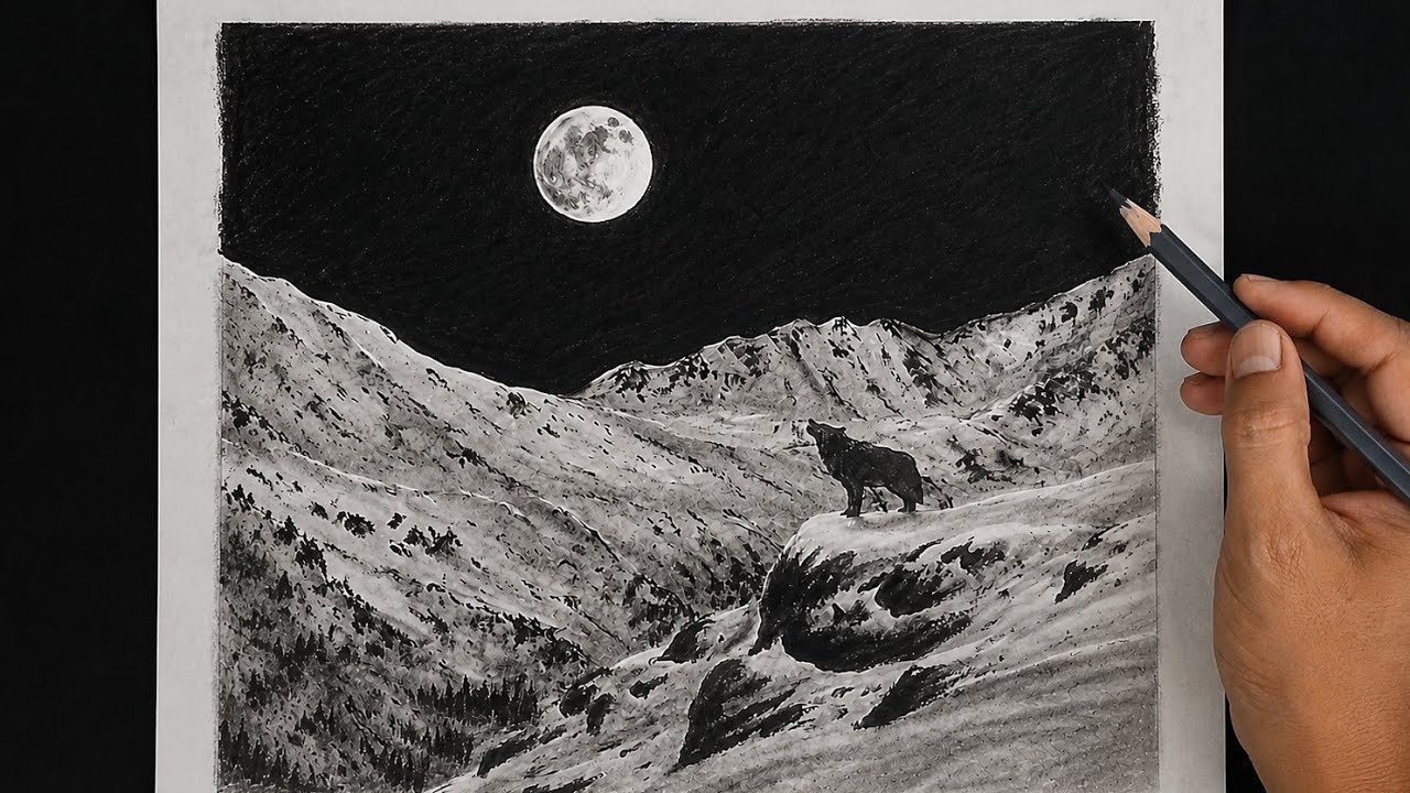 Pencil drawing landscape scenery of a wolf on moon nightmode winter season mountains.