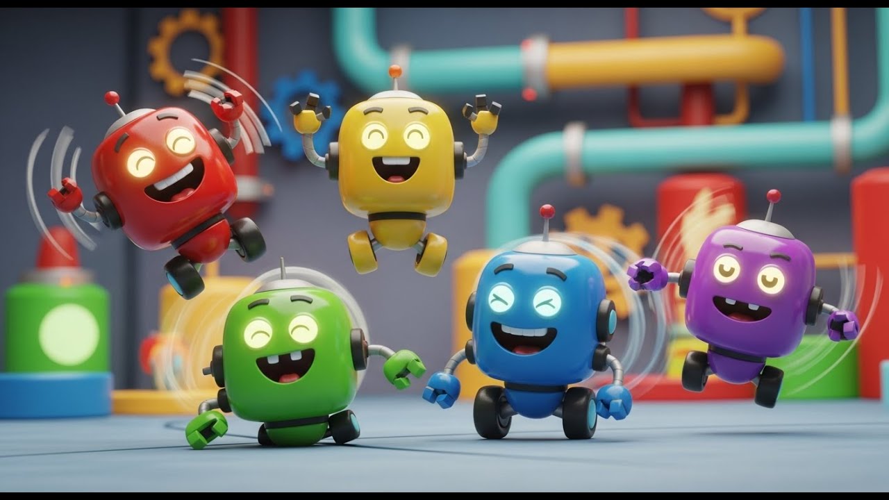 Cinco Pequenos Robôs de Brinquedo Zumbem | Músicas de Tecnologia e Contagem