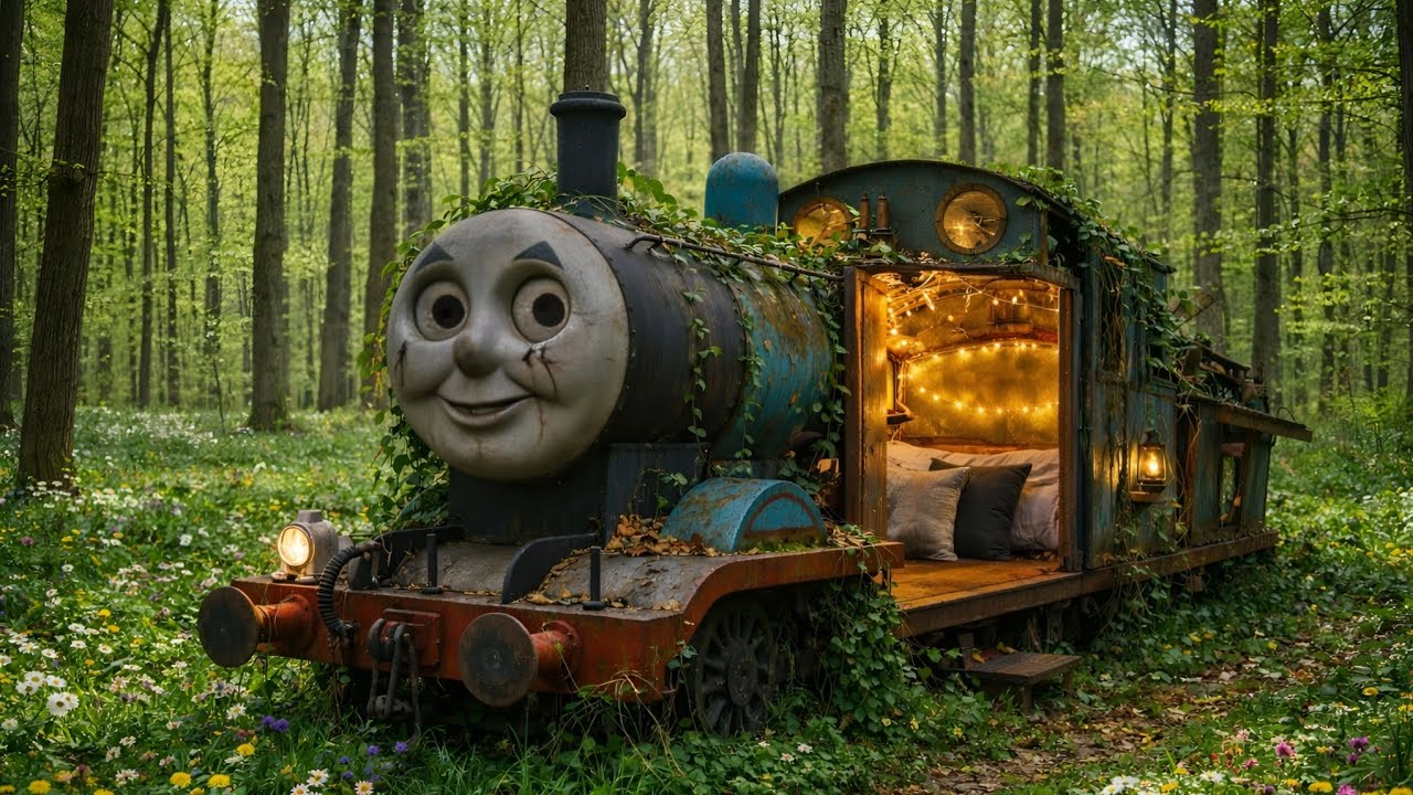 ASMR Building a Cozy Shelter Inside a Stranded Thomas Train in the Forest
