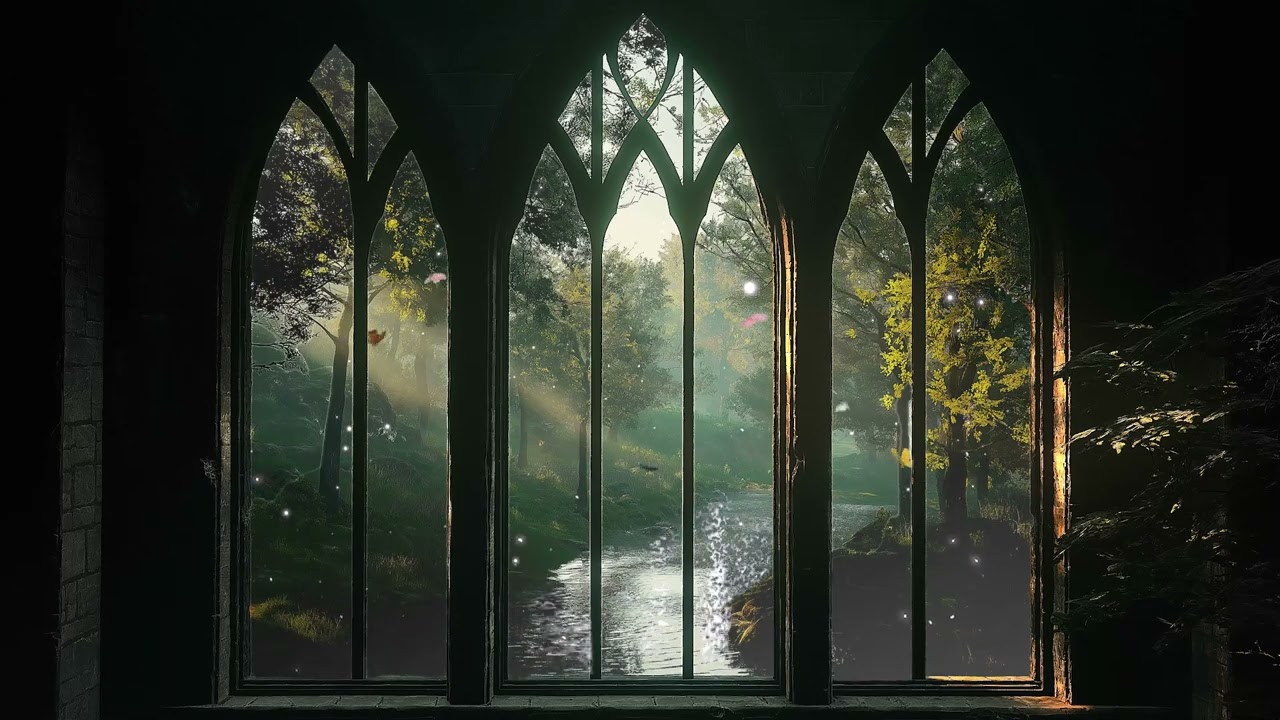 Magical Hogwarts Castle Sunrise Window View & Forest Birds Sounds | Perfect for Room Projector