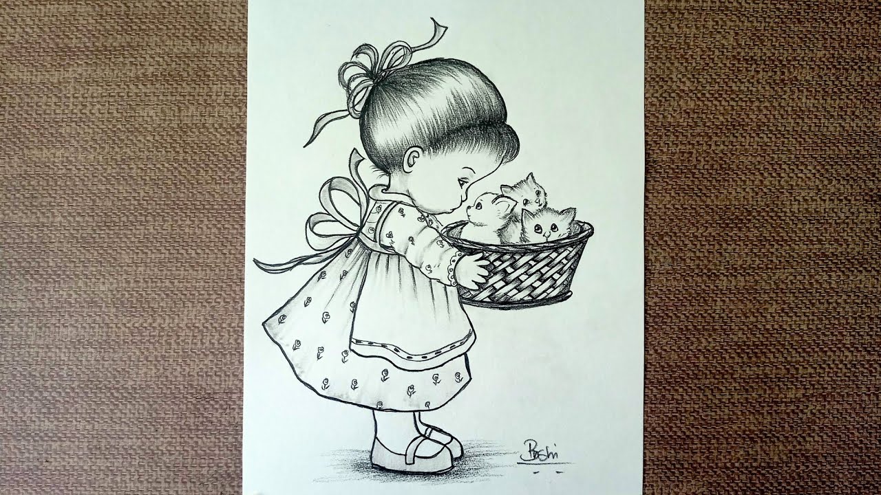 Daily challenge #219/ Girl with Basket of Kittens/ pencil drawing