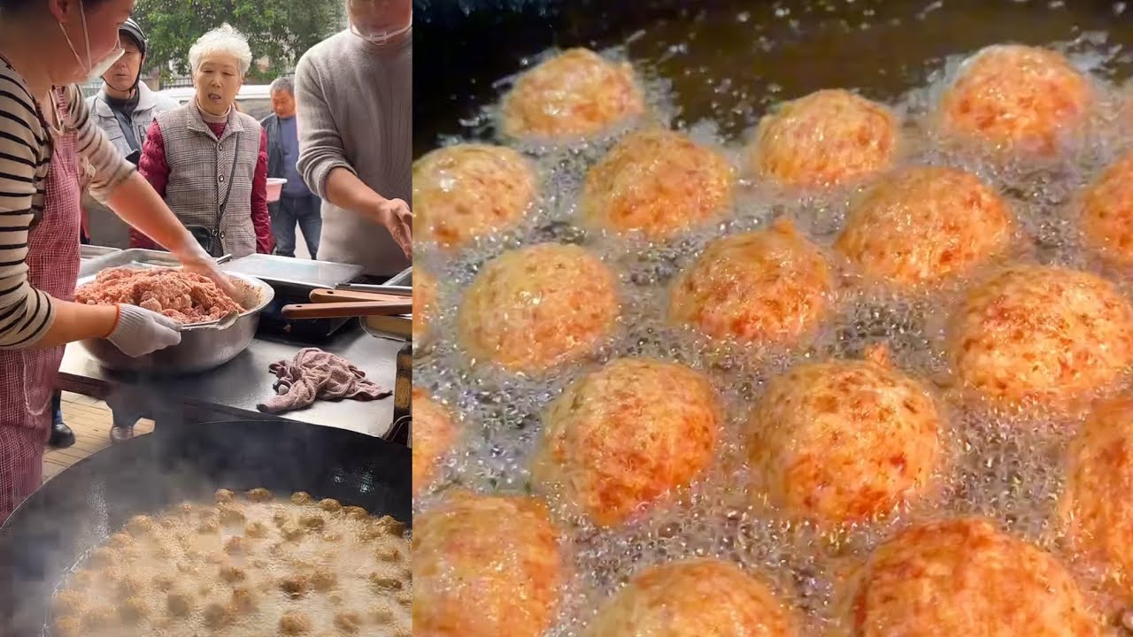 Cooking deep fried meatball. street food.