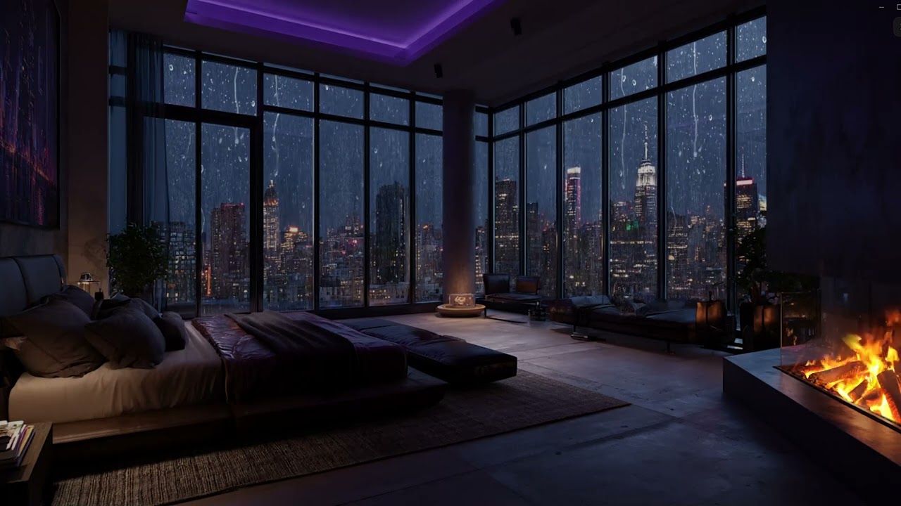Calm Urban Rainstorm 🌙 | Gentle Piano Fireplace Background for Deep Rest