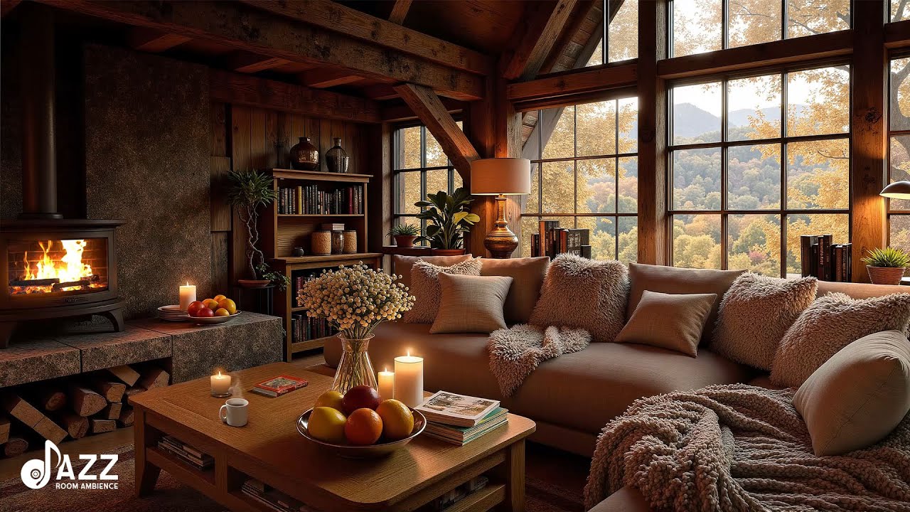 Cozy Autumn Cabin Jazz – Fireplace Sound, Mountain View & Relaxing Jazz Ambience | Perfect For Work