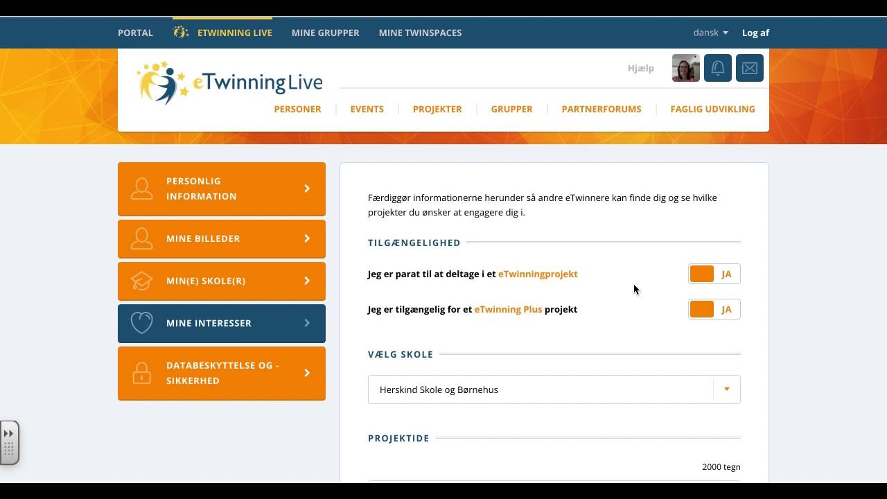 Profil ops&aelig;tning p&aring; eTwinning.net