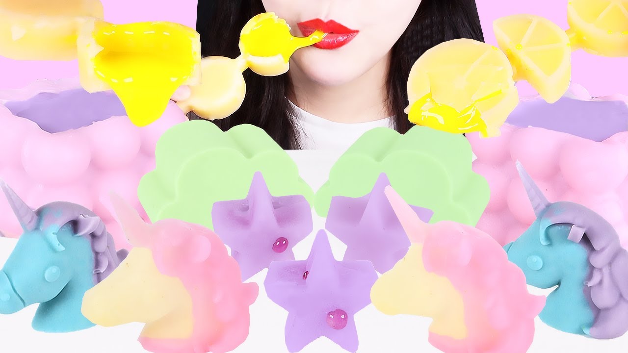 ASMR UNICORN DESSERT, WAX BOTTLE HONEY JELLY, CHOCOLATE, BUBBLE TEA,유니콘 디저트 먹방, 왁스병 꿀젤리, 닉클립 캔디,까요까요