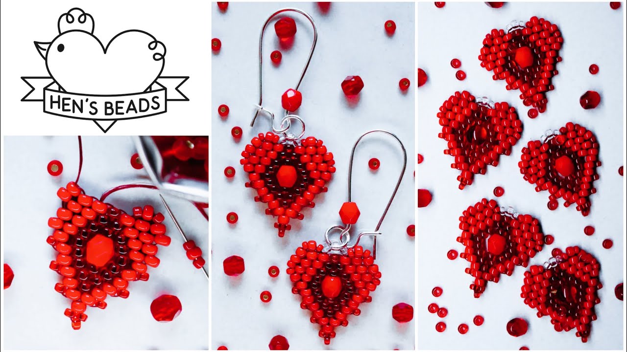 How to make lovely VALENTINE'S HEART EARRINGS from seed beads  | Hen's Beads DIY Tutorial