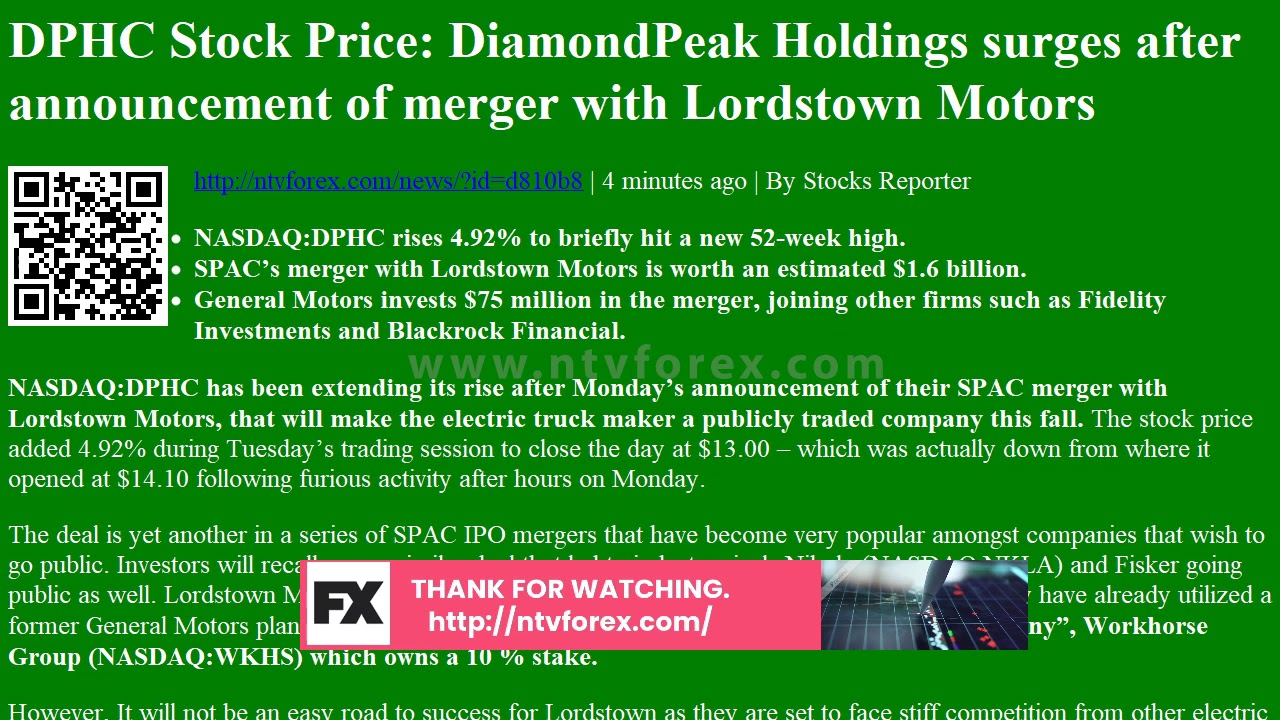 DPHC Stock Price: DiamondPeak Holdings surges after announcement of merger with Lordstown Motors