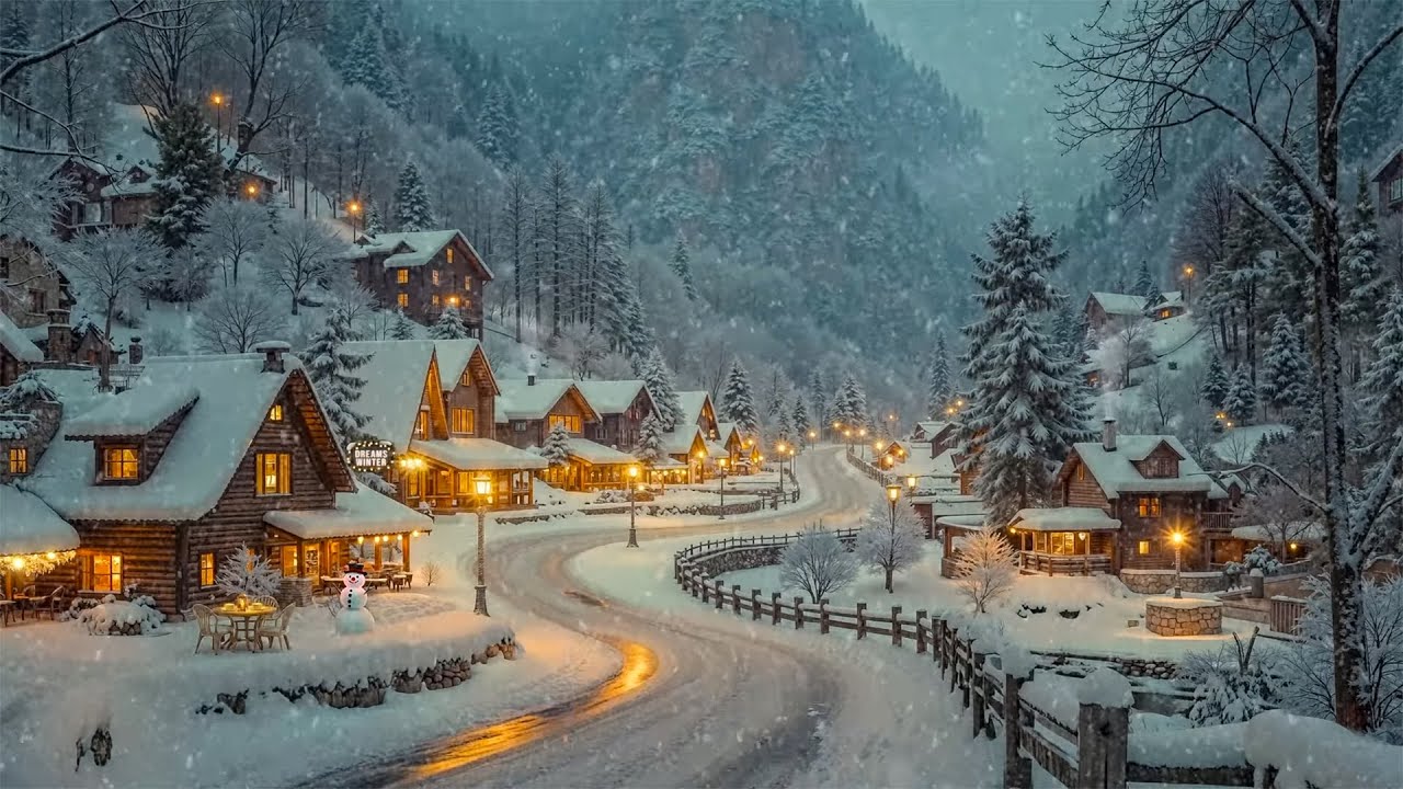 Serene Winter Nights in a Snowy Village Town | Smooth Jazz, Cozy Caf&eacute; Glow, and Peaceful Snowfall ❄️