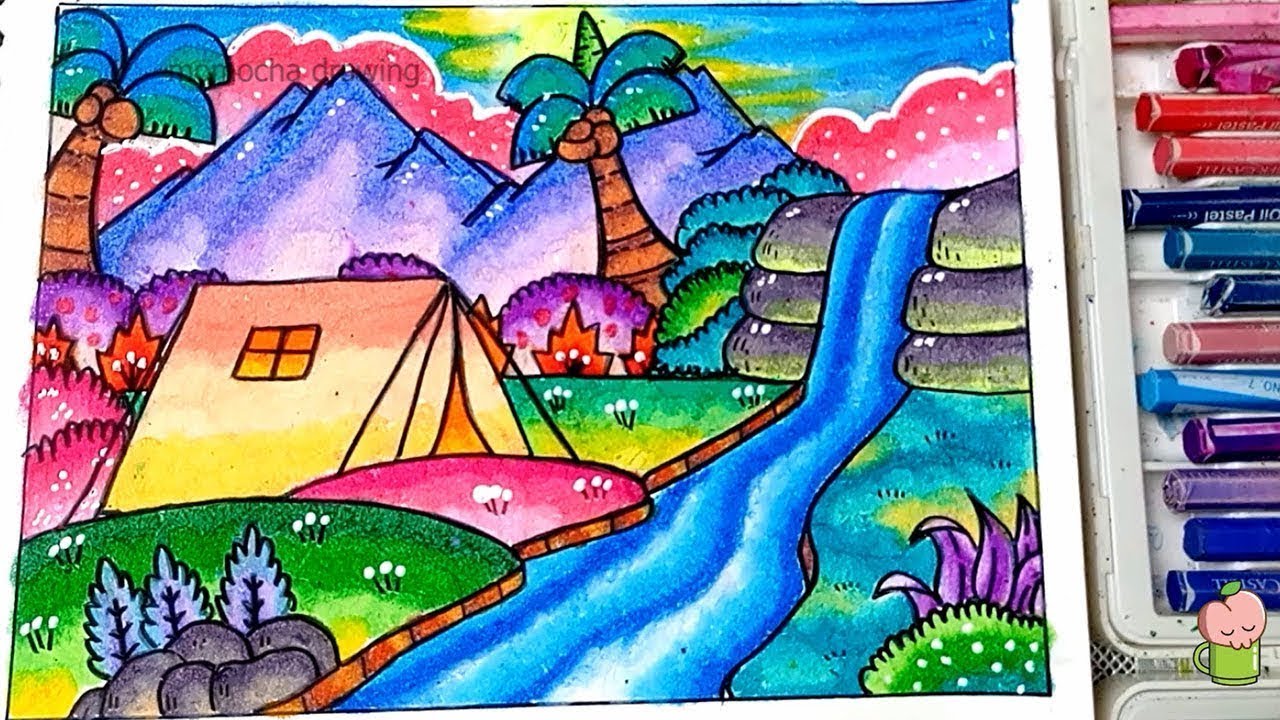 Pemandangan Air Terjun  - Cara menggambar dan mewarnai dengan gradasi warna oil pastel crayon