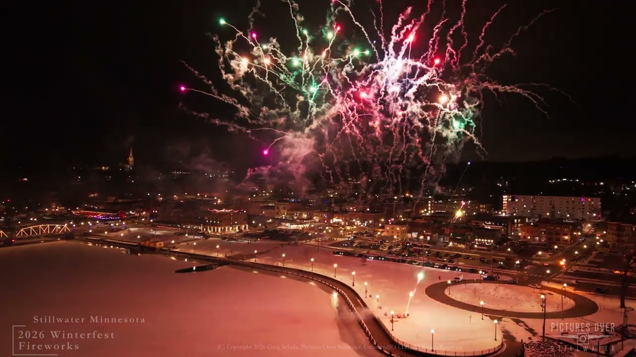 Aerial view of 2026 Winterfest Fireworks downtown Stillwater Minnesota