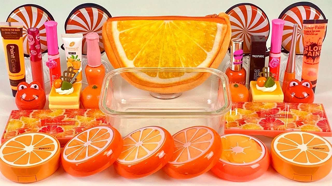 ASMR Slime Mixing 🍊 &rdquo;ORANGE&rdquo; 🧡💦💤 makeup, Eyeshadow, glitter into slime. Satisfying slime video.