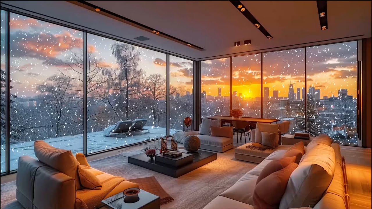 1 HOUR Winter Snowfall Window With City View ❄️