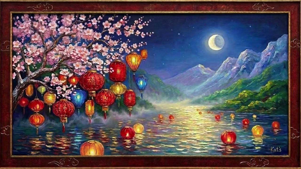 Chinese Lantern Festival | 8K Frame TV Art | screensaver | no sound | Farolillos chinos flotantes