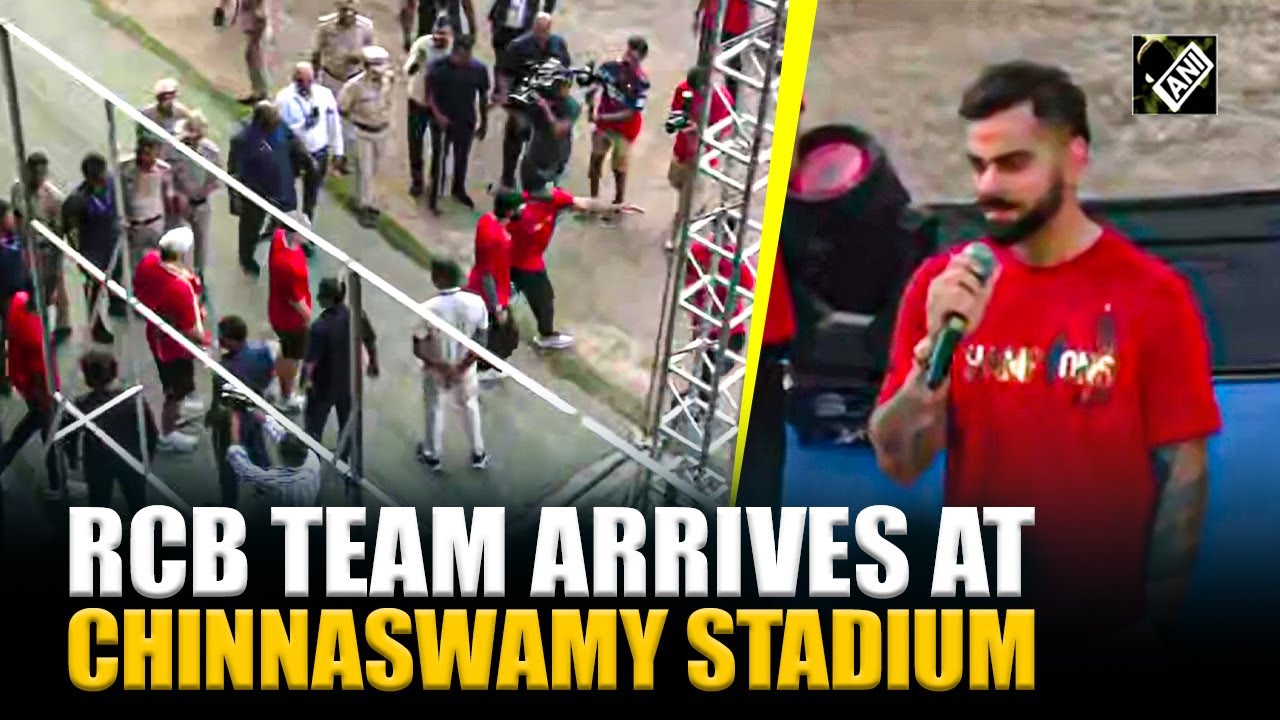 RCB Team arrives at Chinnaswamy Stadium after felicitation at Vidhana Soudha