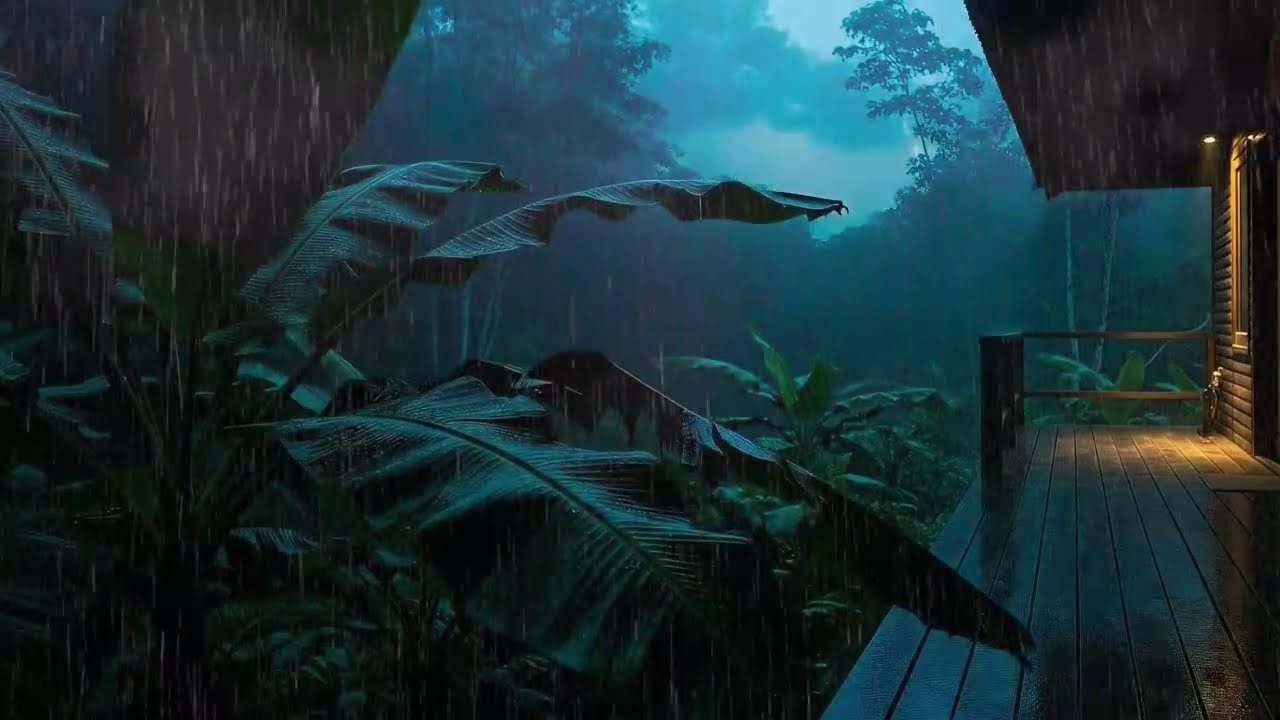 Sleep Now with Steady Rain Sounds and Low Thunder Murmur at Forest Cabin Terrace 🌧️
