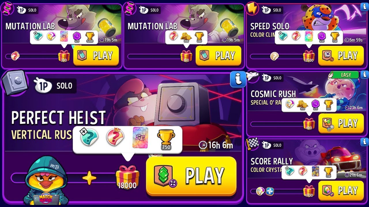 x7 SOLO: Vertical Rush, Color Crystals, Special O’Rama, Color Climb, Moves Multiplier, Mutation Lab