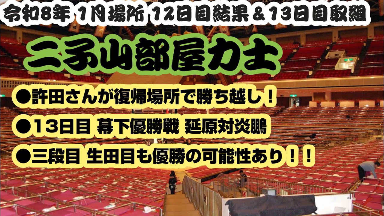 大相撲 1月場所 二子山部屋力士 12日目結果＆13日目取組 #二子山部屋 #大相撲 #生田目 #延原 #炎鵬 #十両 #1月場所 