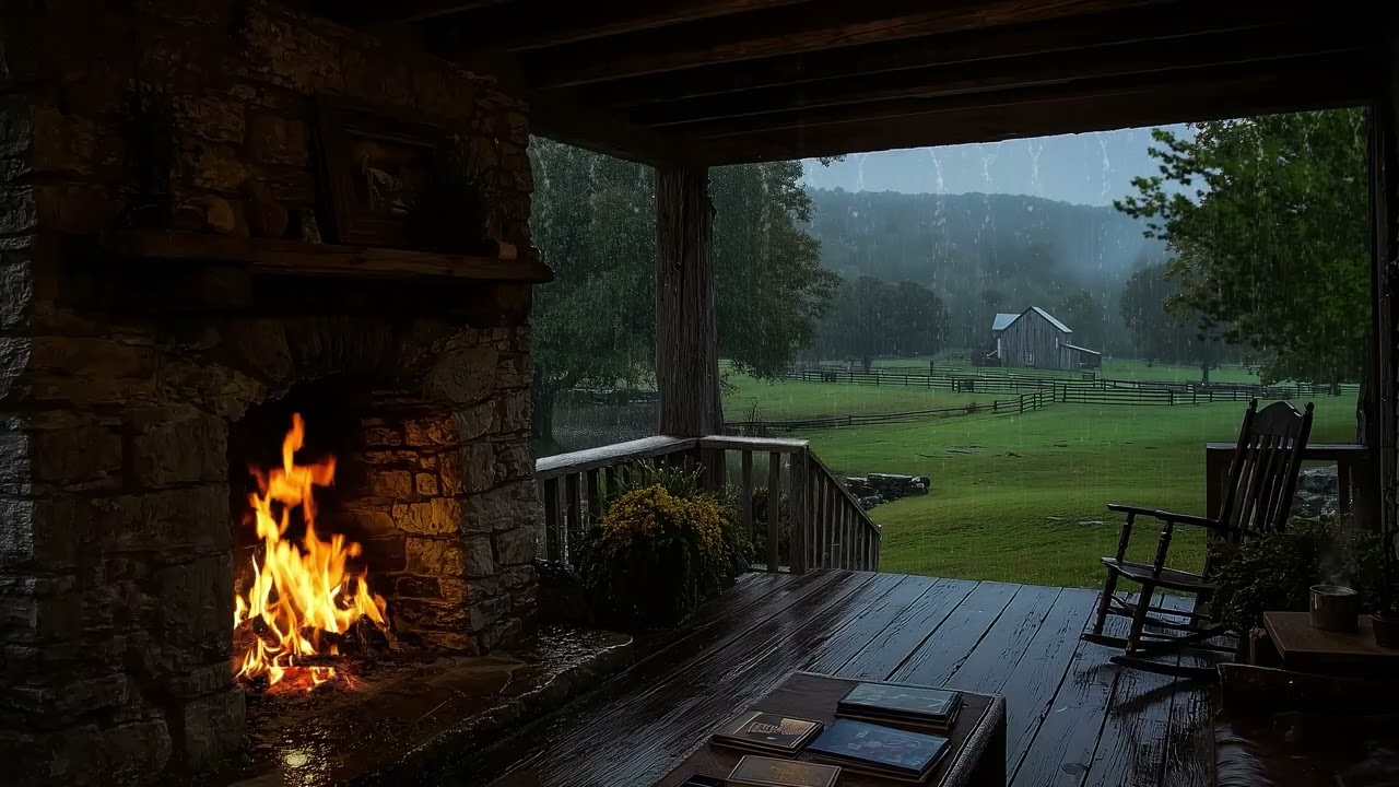 Peaceful Farmhouse Ambiance 🌧️ Fireplace & Gentle Rain Sounds for Sleeping Fast