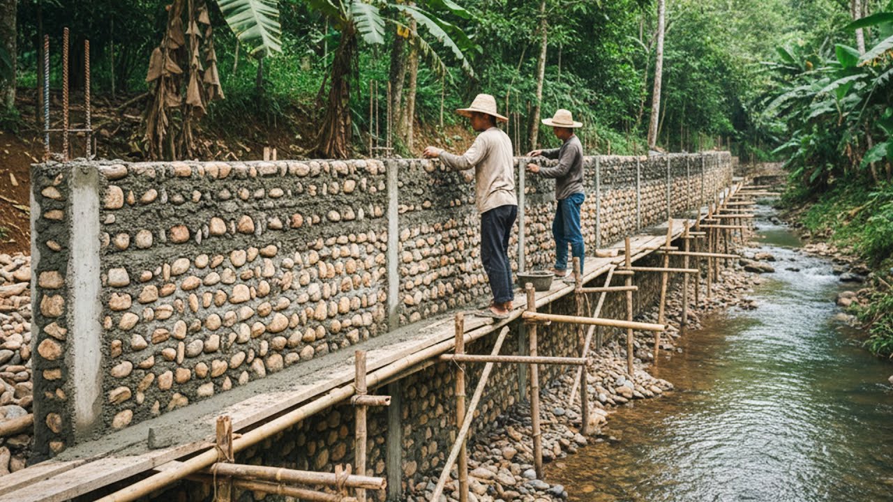 Family Building a Heavy Natural Stone Fence by Hand