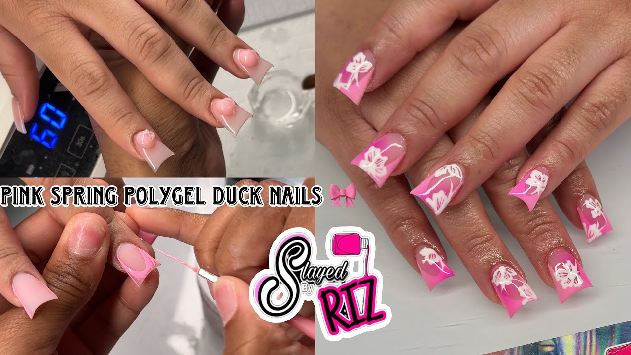 Pink Spring Flower Nails || Short Duck Polygel Nail Tech || Watch Me Work || SLAYED BY RIZ