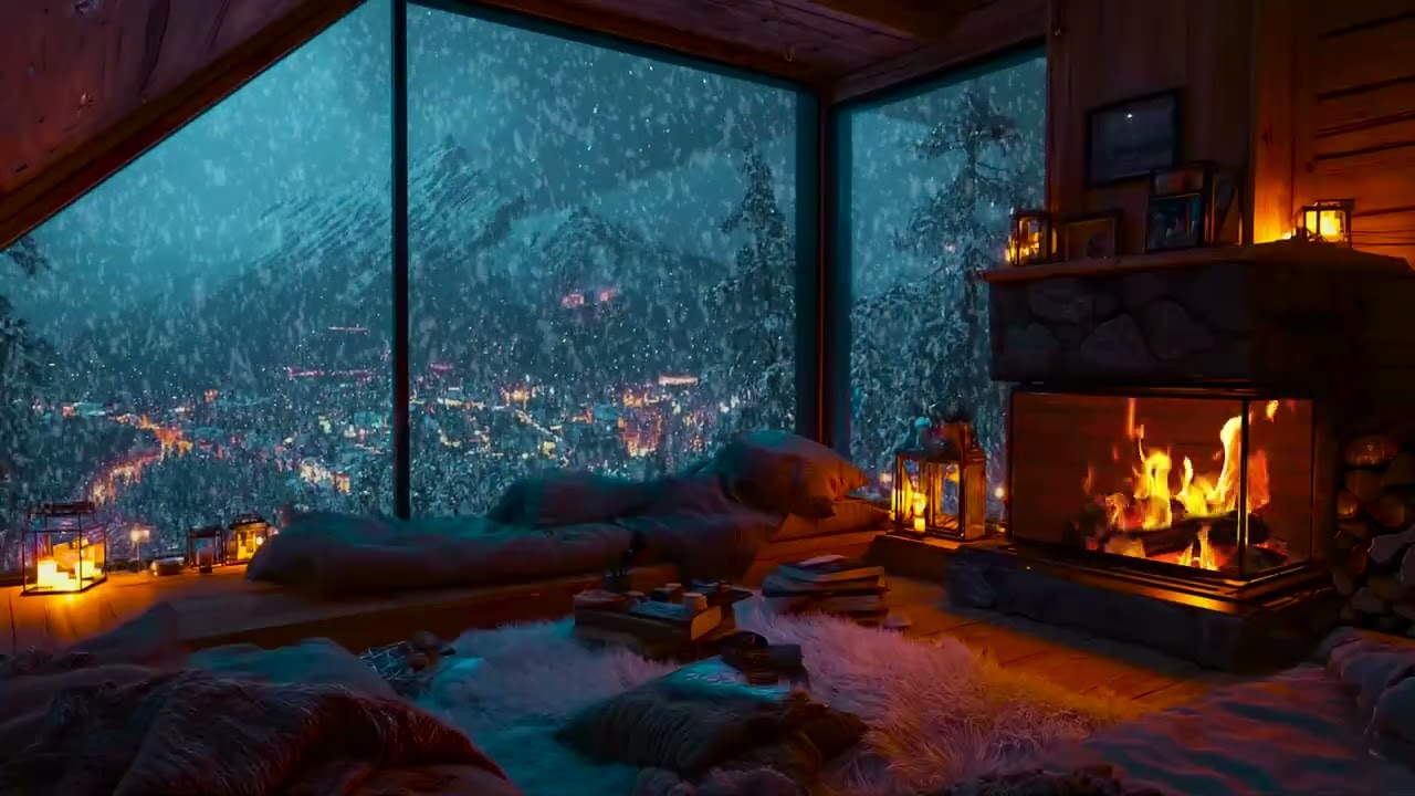 Warm Light, Falling Snow, and Quiet Fire Sounds Creating the Perfect Winter Sleep Ambience