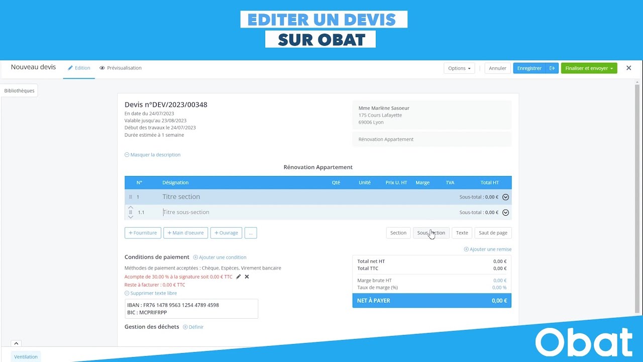 📈Comment &eacute;diter un devis de chantier avec Obat