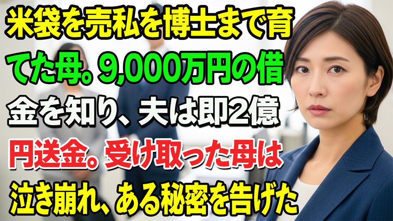 米袋を売って私を博士まで育てた母。9,000万円の借金を知り、夫は即2億円送金。受け取った母は泣き崩れ、ある秘密を告げた……。