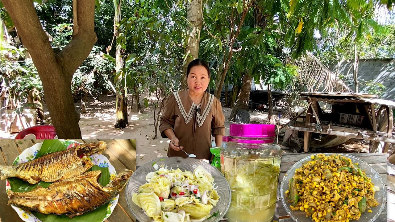 Khmer Rural Cooking 🍽️ Fried Fish with Pickles cabbage & Fried Corn with Eggs |Cambodian Countryside