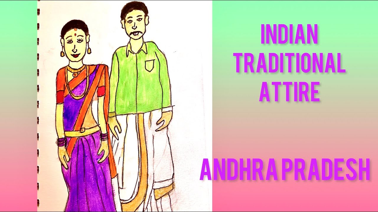 Indian traditional dresses of states drawing/AndhraPradesh culture/traditional attire/couple drawing