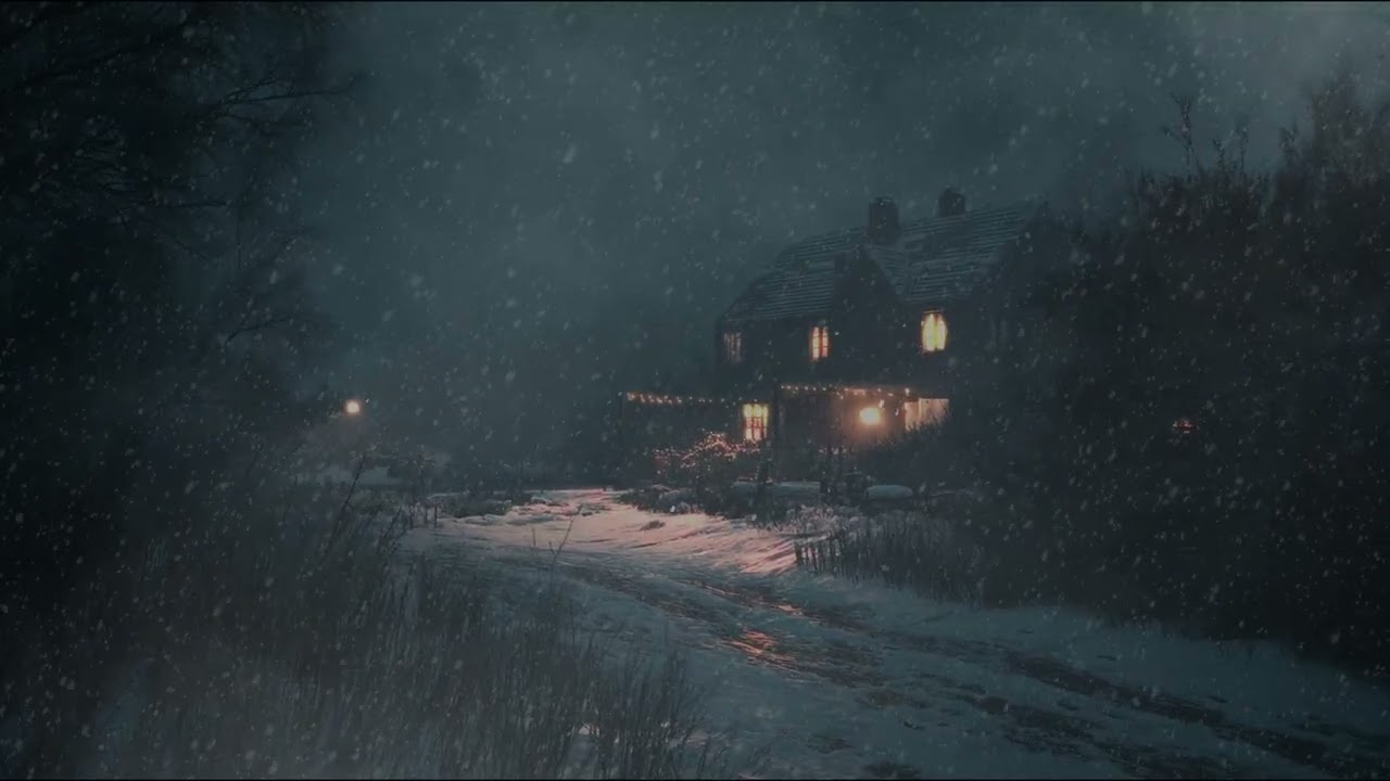 12 Hours of Cozy Winter Night Ambience | Snowfall, Wind & Warm Lights