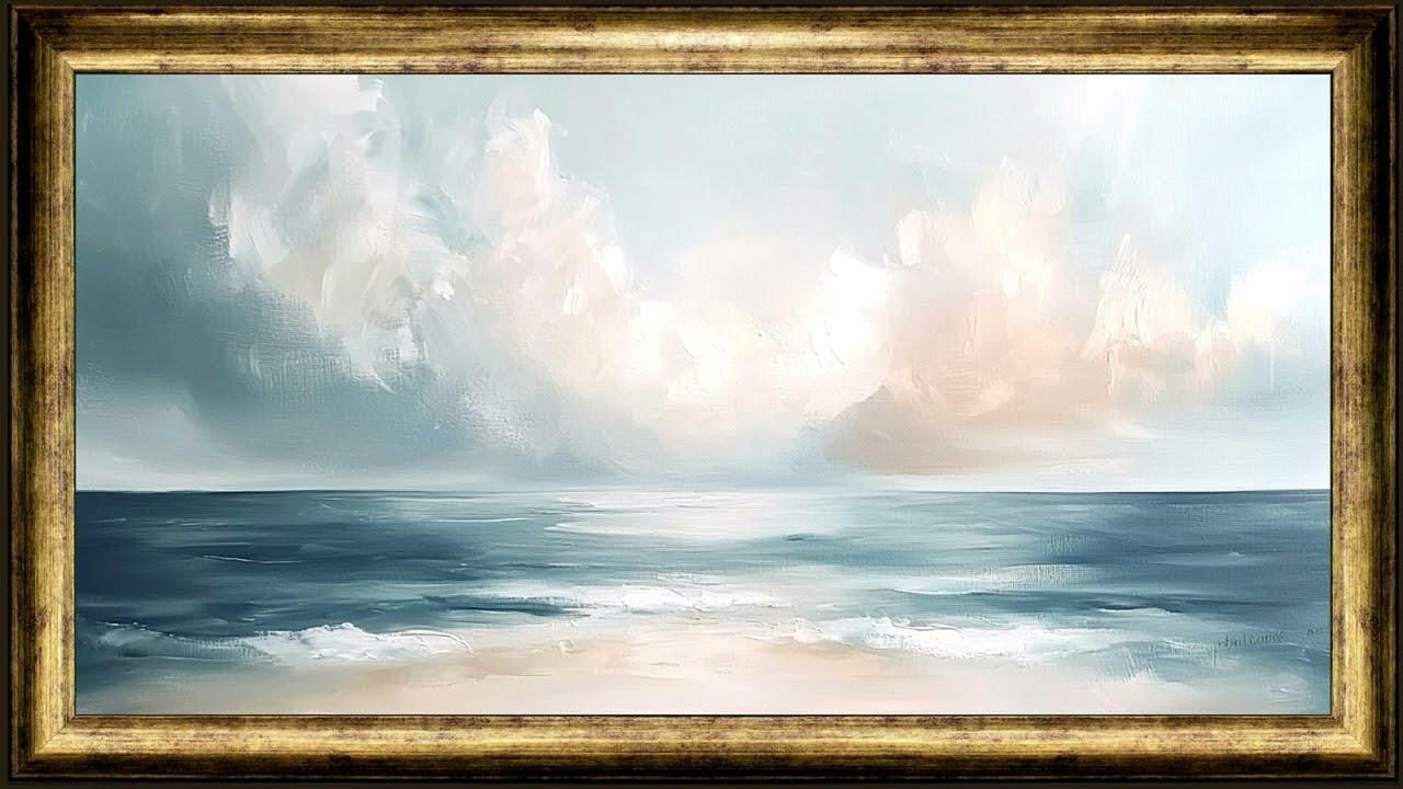 Vast Ocean ~ rustic vintage oil painting ~ gold framed art screensaver for tv