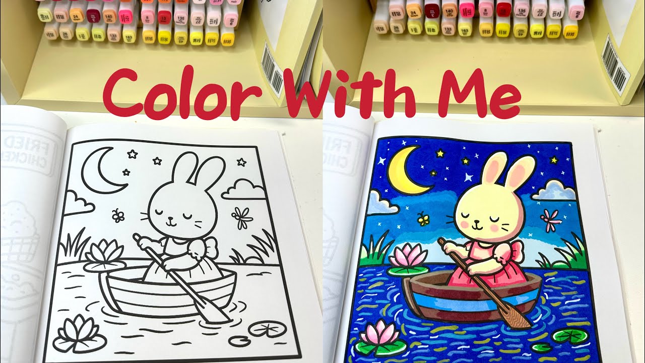 Color With Me | Relaxing Coloring Book | Cute Bunny Rowing Boat Night Scene | ASMR Coloring