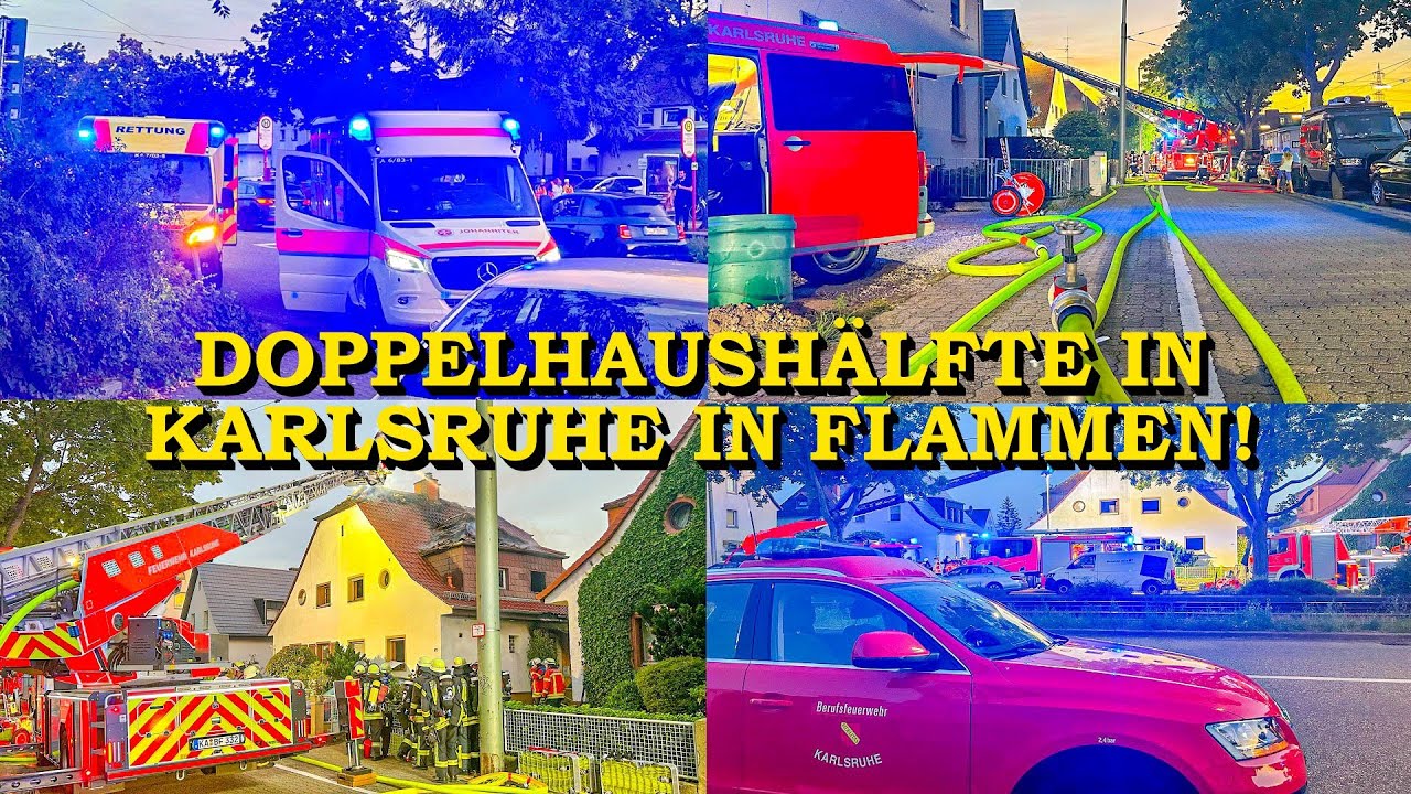 +++ DOPPELHAUSHÄLFTE WIRD EIN RAUB DER FLAMMEN +++ GROSSEINSATZ FEUERWEHR KARLSRUHE | 2 VERLETZTE