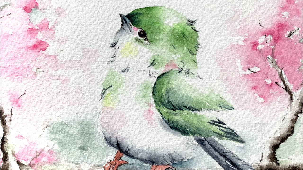 Spring green bird with pink background watercolor paint along, demo tutorial