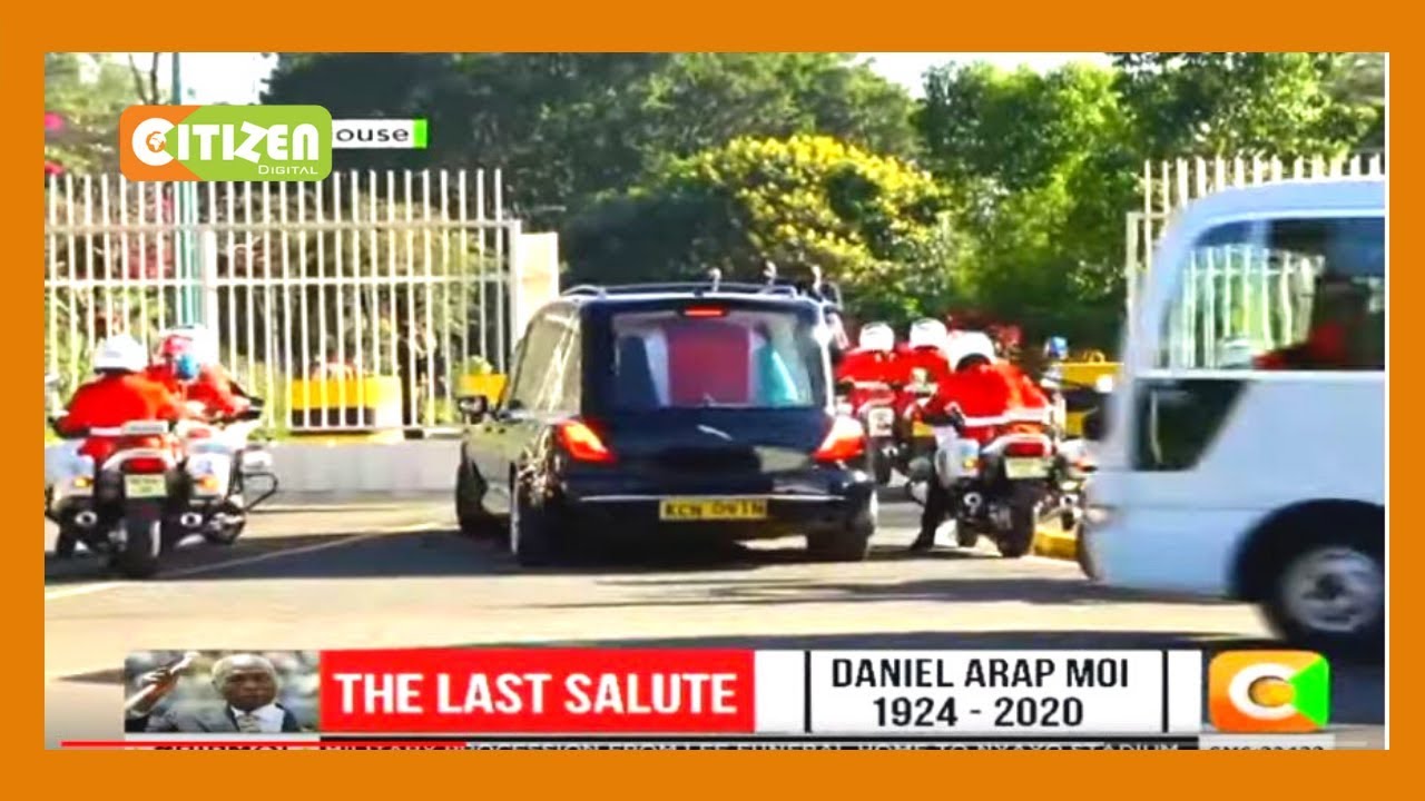 The late former president Daniel Moi’s cortège arrives at State house