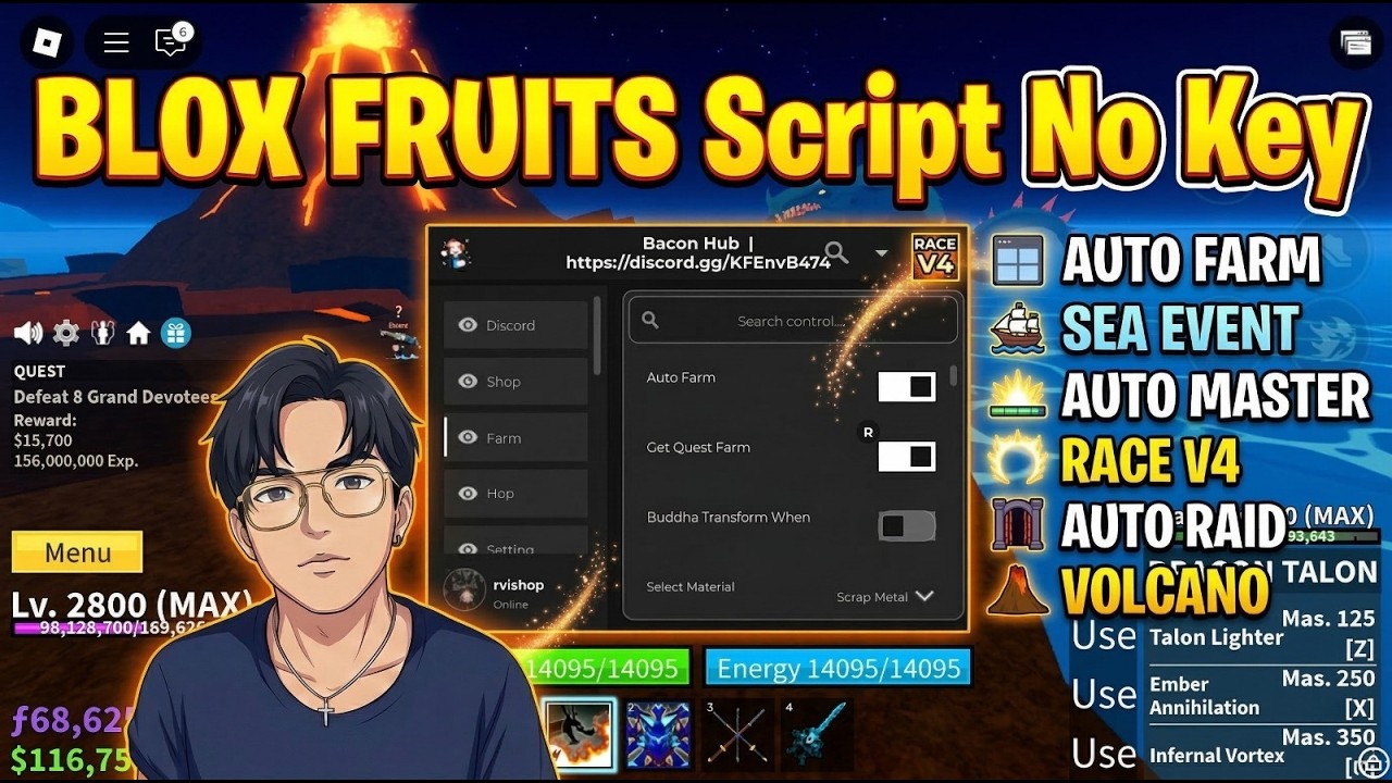 BLOX FRUITS Script No Key AUTO FARM, SEA EVENT, AUTO MASTER, RACE V4, AUTO RAID, VOLCANO