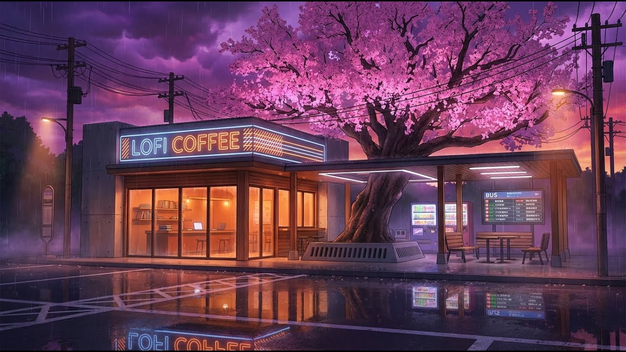 🌧️ Calm Evening Rain Lofi Study Beats 📚 Neon Sakura Night Bus Terminal Coffee Seat ☕
