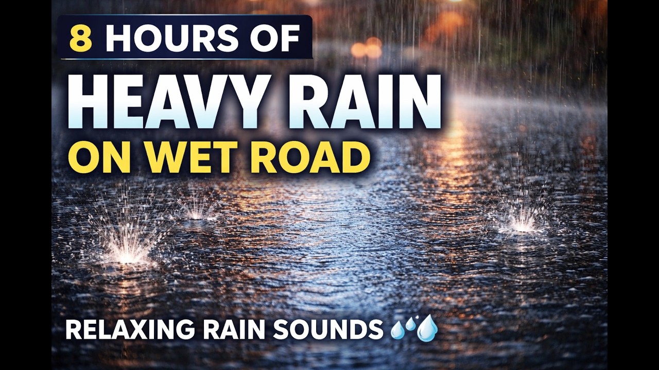 8 Hours of Heavy Rain on Wet Road.  Relaxing Rain Sounds for Sleep, Study & Stress Relief