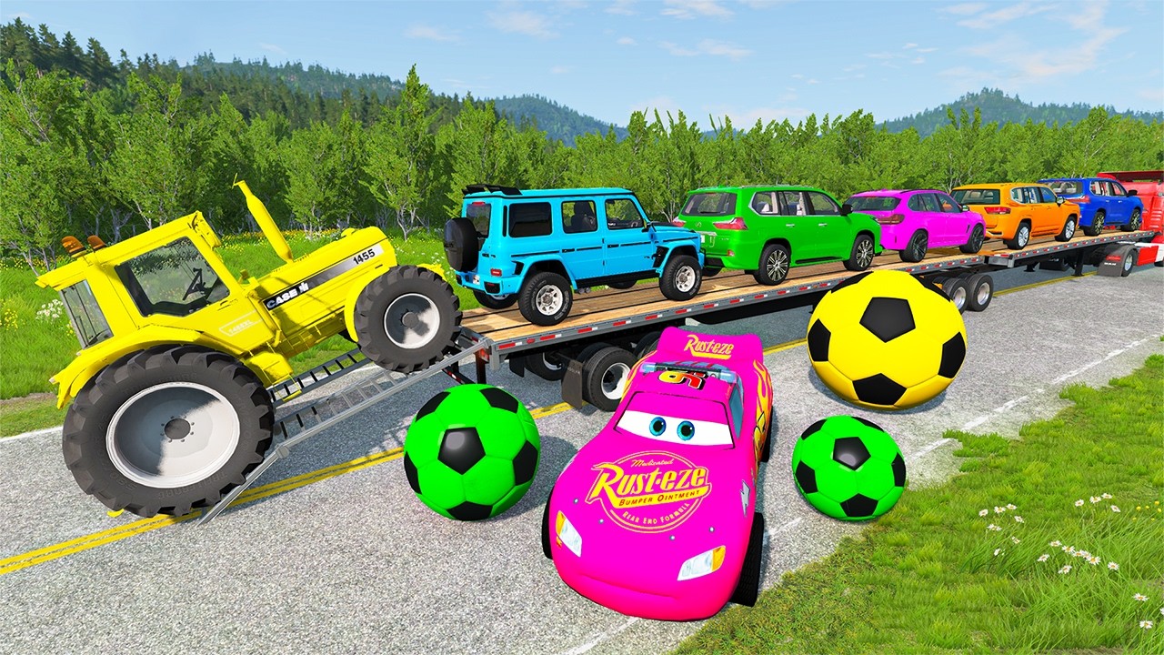 Flatbed Trailer McQueen Transportation with Truck - Speedbumps vs Cars vs Train - BeamNG.Drive