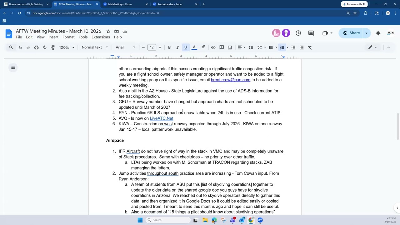 Arizona Flight Training Workgroup (AFTW) Zoom Meeting - March 10, 2026
