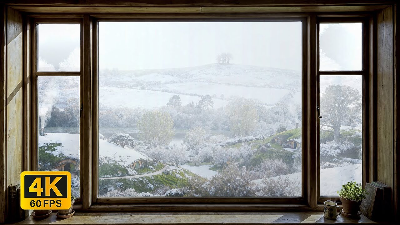 4K Hobbit House Window View – The Shire winter Ambience (LOTR Inspired) for Sleep, Study & Calm