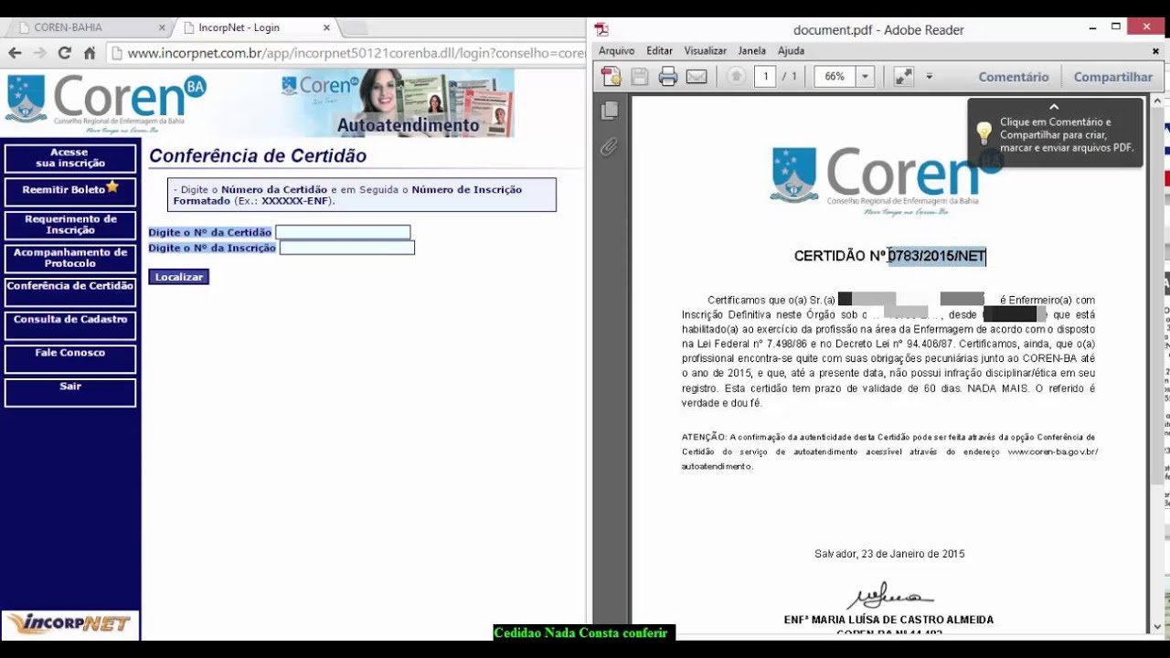 Conferir Certidao de Nada Consta COREN BAHIA