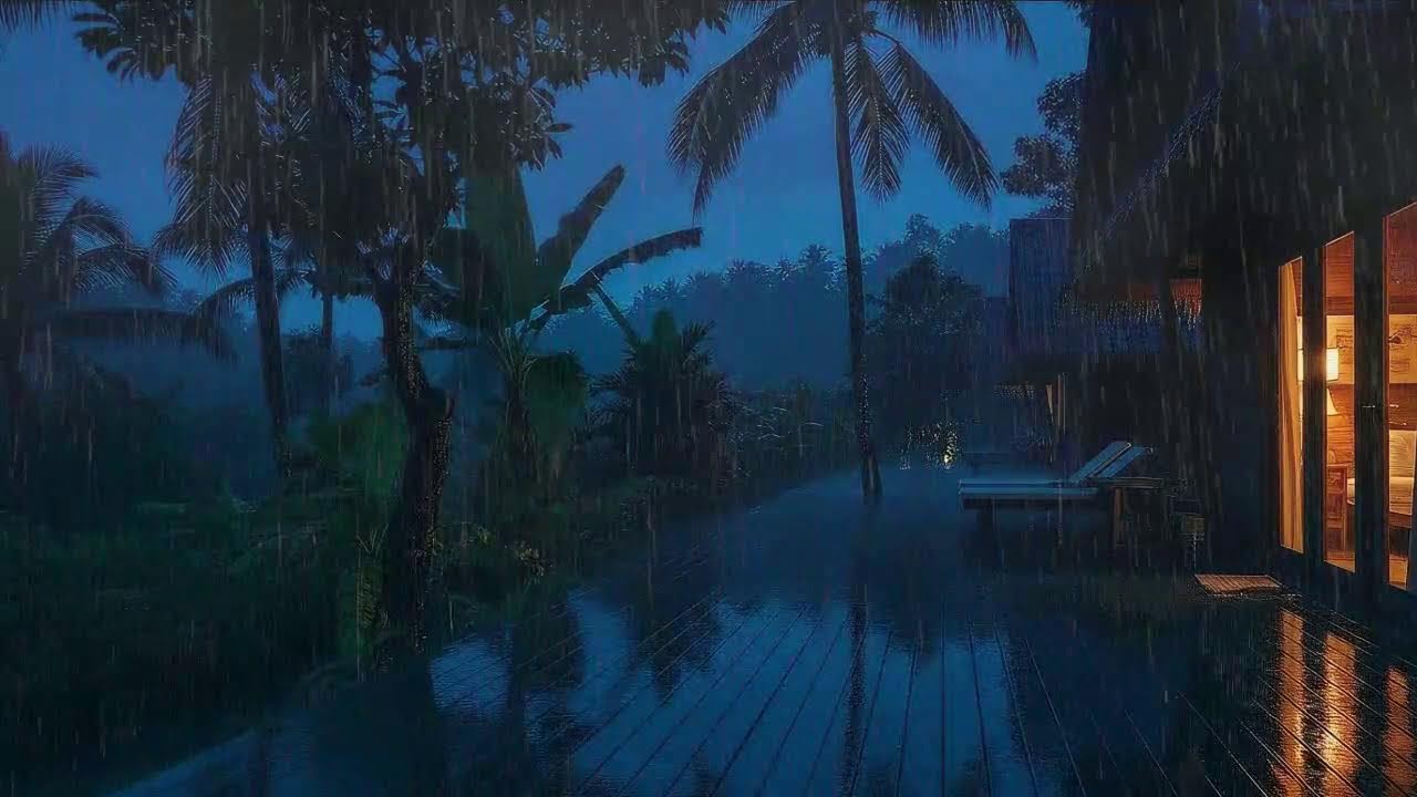 Deep Sleep Tonight with Soft Rain and Distant Thunder Murmur at Wooden Cabin Terrace 🌧️