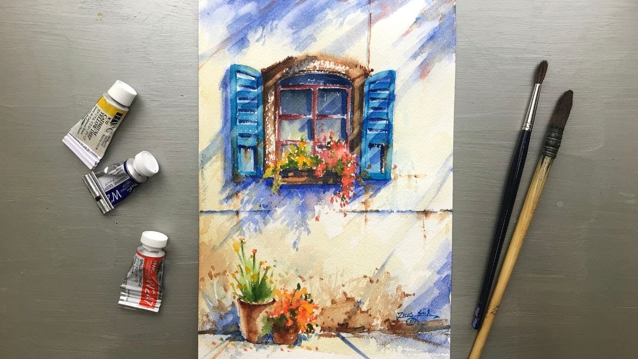 Watercolor Painting-Blue Window Wing-Tutorial for Beginners
