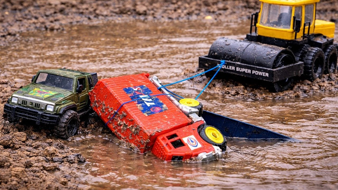 Truk TIKI Jatuh ke Air! Rescue Truck by Jeep & Road Roller 🚛💦