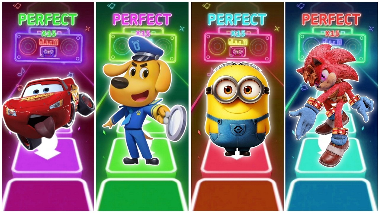 Lightning McQueen vs Sheriff Lablador vs Minions vs Knuckles in Tiles Hop EDM Rush🎶