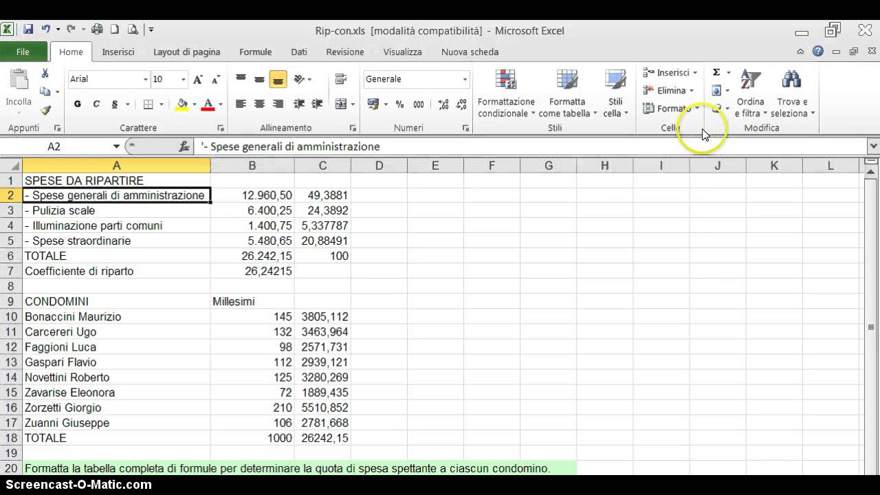 Excel riparto e incidenza