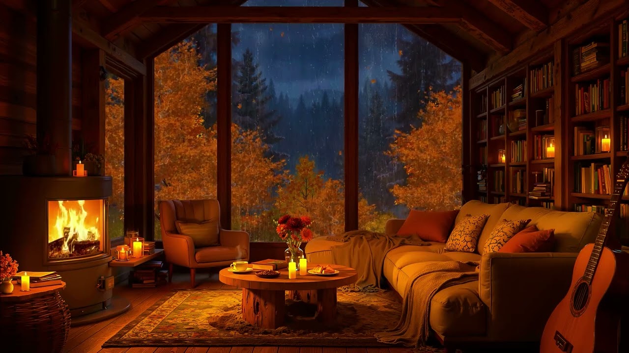 Smooth Jazz in Cozy Autumn Cabin Ambience 🍂 Crackling Fireplace & Rain Sounds for Relaxation, Sleep