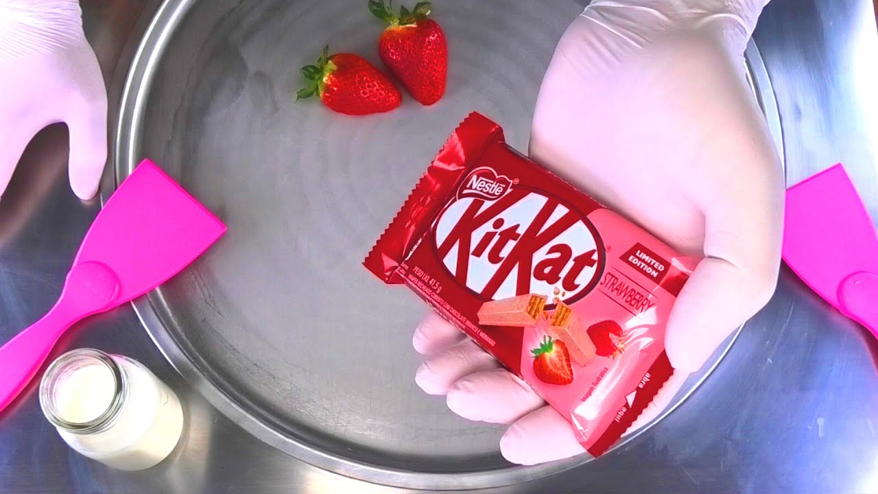 Ice Cream Rolls | how to make KitKat & Strawberry Chocolate Ice Cream with fresh Strawberries | ASMR